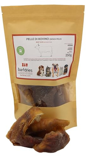 barfdries Piel de ganado sin pelo, alimento natural para perros y gatos secado a baja temperatura. Paquete de 250 gr