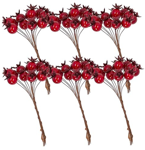 MIJOMA Set von 6 Bündeln Künstlicher Beeren – Exquisite Weihnachtsdekoration, Ideal als Weihnachtsschmuck, Tischdekoration, Hochwertige Deko Beeren (Dunkelrot)