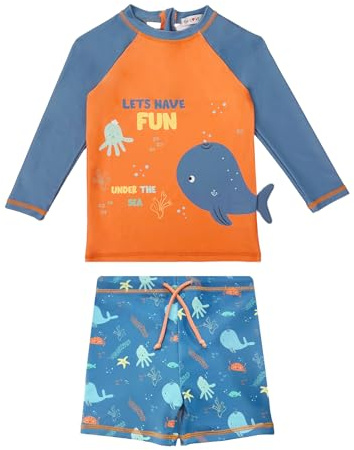 weVSwe Traje De Baño De Manga Larga para Bebé UPF 50+ Bañador Dos Piezas Azul Naranja Ballena Recién Nacido 6-12 Meses