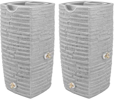 Good Ideas Impressions Riverwalk 50 Gallon Faux Slate Surface Dual Spigot Rain Barrel with 2 Brass Spigots and Screen, Light Granite (2 Pack)