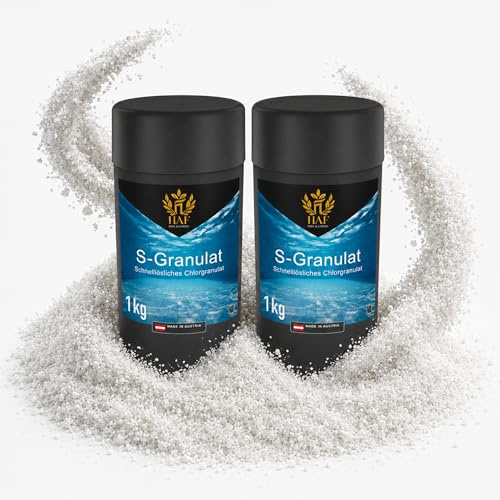 HAF Chlorgranulat für Pool & Schwimmbad (2 x 1 kg Dose) – schnelllösliches S-Granulat zur Schockchlorung, Stoßchlorung & Dauerchlorung – schnelle Pool Desinfektion & klares Wasser – Made in Austria