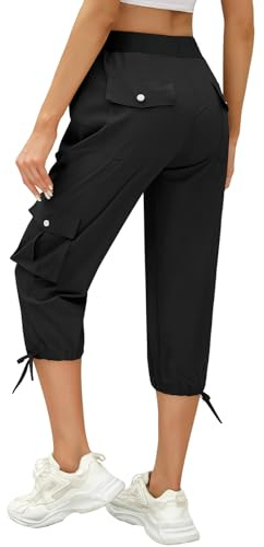TOMEEK Pantalons Femme Pantacourt Femme Été Taille Haute Elastique 7/8 Pantalon Cargo de Randonnée avec Cordon de Serrage Capri Pantalon Fluide Femme Léger avec Poches, Noir, Taille M