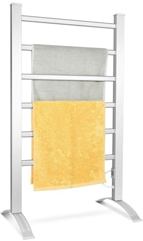GIANTEX Radiatore Asciugamani Elettrico Bagno, Porta Asciugamani 100W Riscaldato, 2 in 1, Asciugamani su Piede e Parete in Alluminio con 6 Barre, 45-50°C, Argento