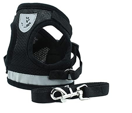 EUTYRG Hundegeschirr aus Nylon, Hundegeschirr und Leine, Set mit reflektierenden Westen für kleine Haustiere, Welpen und Katzen, atmungsaktives Netzgeschirr (schwarz, XL)