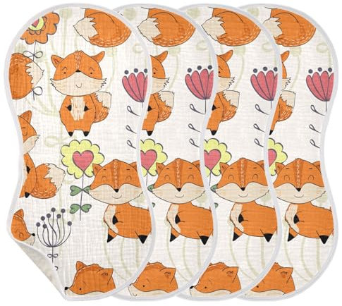 KLL Spucktücher für Babys und Mädchen, 4 Stück, große Baumwolltücher, extra weich und saugfähig, bequeme Spucktücher, Spucktücher, niedlicher Fuchs