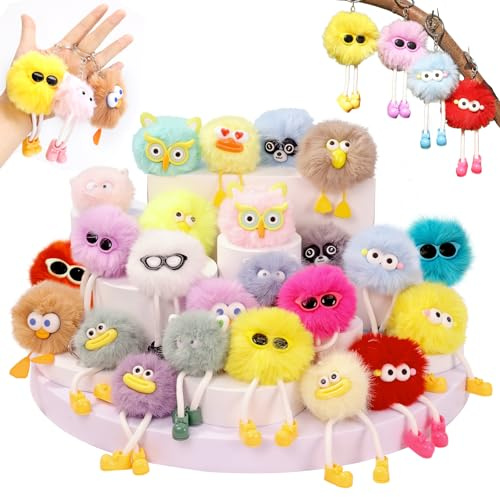 OMyFav 24 PCs Party Favors Keychains - Fuzzy Keychain Cute for Birthday Party Favors for Kids 8-12 Goodie Bags Stuffers for Kids Pinata Stuffers Classroom Prizes Treasure Box Prizes Backpack Charms