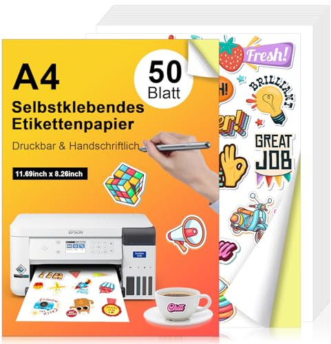 A4 självhäftande papper för skrivare 50 ark självhäftande för bläckstråleskrivare och laser (1 per ark/50 ark)