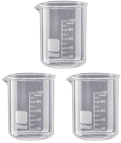 3 vasos de medición de vidrio de 100 ml, vasos de medición transparentes de forma baja, reutilizables, vasos de medición científicos, vasos pequeños graduados, tazas medidoras de cocina con boquilla