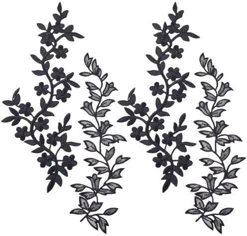 PH PandaHall 4pz Toppe Termoadesive Foglie Toppe Ricamate Fiori Nero, 2 Stili Toppa Ricamate da Cucire Applique Pizzo Patch Decorative per Jeans Vestiti Abito Cappello Pantaloni