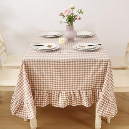 K MASANIJI Taupe White Gingham Ruffled Table Cloth Rectangular for Seat 8-10, 100% Washed Cotton Buffet Cottage Coquette Checker Plaid Vintage Decorative Tablecloth - 120“x60