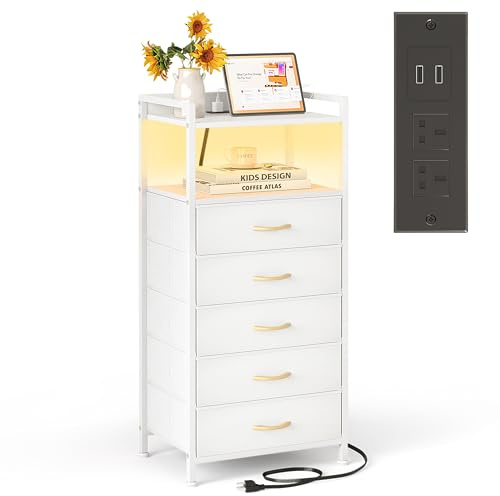 MUTUN Bedside Table with Charging Station, 41cm Wide 5 Drawer Nightstand with 2 Outlets, 2 USB Ports & LED Lights, Small Chest of Drawers for Bedroom Living Room Office Hallway, Space Saving