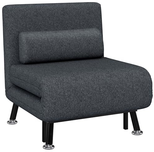 HOMCOM Poltrona Letto Singolo 3 in 1 con Schienale Reclinabile su 5 Livelli, Cuscino Imbottito e Materasso, Divano Letto Singolo Pieghevole per Soggiorno, in Acciaio, Lino, 75x70x75cm, Grigio Scuro