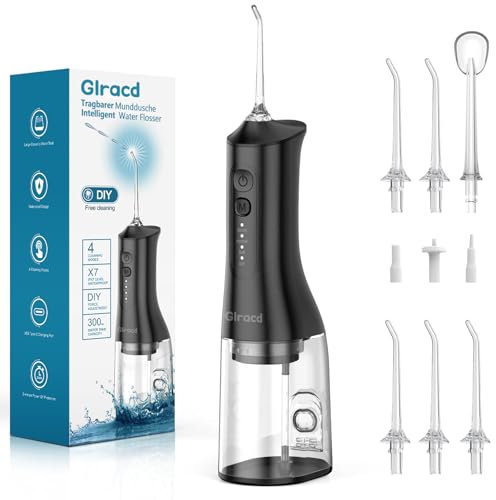 Glracd Munddusche Kabellos,Schwarze Water Flosser mit Wasserfall Mikrobläschen Technologie,Zahnzwischenraumreiniger mit DIY Einstellung des Wasserdrucks für die Mundreinigung und Zahnspange