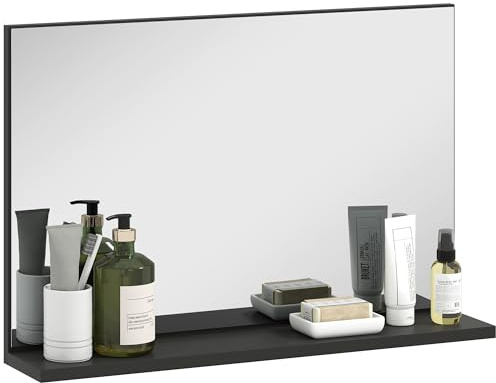 kleankin Specchio Bagno da Parete con Mensola, Specchiera Moderna Multiuso per Bagno, Camera e Ingresso, 60x12x40 cm, Nero