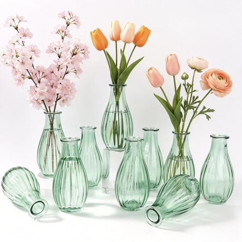 Otauoaea Lot de 10 Petits Vases en Verre, 220ML Mini Vases en Verre Vintage Mini Vase Deko Set Différentes Tailles Vase de Fleurs,pour Décorations de Table Moderne Centres de Table,Vert