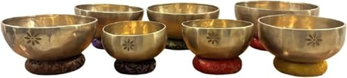 7 Chakra Klangschalen Set - Tibetische Klangschale 7er Set - Handgefertigte Heilschalen (12,7 cm - 25,4 cm) - Chakra Symbole mit Lotusblüte Schnitzerei - Meditation & Klangtherapie