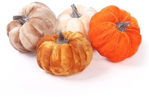 LEUCHTAMOR 4pcs Artificial Velvet Pumpkins Fake Fabric Pumpkin Fall Harvest Pumpkins for Halloween Autumn Harvest Festival Home Table Decor (Orange Gold Coffee Beige)