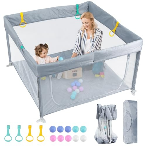 eSynic Corralito Bebé Portátil 120x120cm, Parque Infantil Plegable con 10 Bolas, Malla Transpirable, 4 Agarraderas y Bolsa Transporte - Juegos Seguros para Bebés