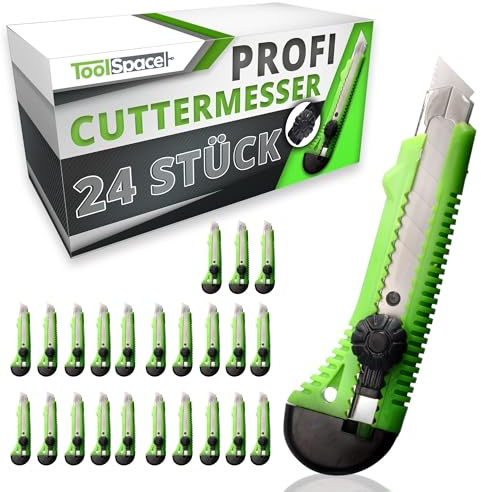ToolSpace Cuttermesser 24 Stück Abbrechklinge 18 mm Teppichmesser 7 Segment | Carbonstahl, Gummi-Griff, rutschfest, Schraubensicherung, Metallführung, für Karton, Tapeten, Folien, Kunststoff, Werkstatt