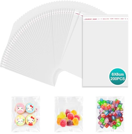 PDKKFF 200 Stk Zellophantüten Klein, Selbstklebend Cellophantüten 6x8cm | Transparent OPP Tütchen Mini Plastiktüten für Süßigkeiten, Kekse, Schmuck, Geschenke und Bastelbedarf