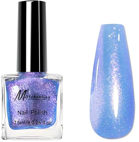 Blue Holographic Nail Varnish - Blue Purple Glitter Nail Polish - Quick Dry nail Polish - Shimmer Nail polish Transparent Shade - Breathable nail Polish for Women Girls Gift, Long Lasting, No Bake UV