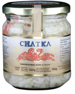 Chatka - Conserva en bote de cristal con 100% carne de auténtico cangrejo real rojo y carne desmigada