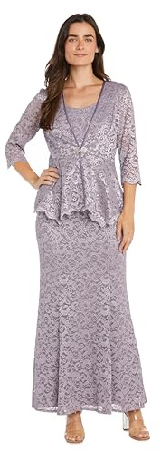 R&M Richards Long Glitter Lace Peplum Dress W/an Overlay Jacket & Rhinestone Buckle