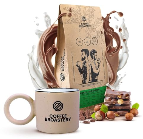 Coffee Broastery Brazil Mogiana Premium 1 kg - Café en Grains 1 kg, Arôme Équilibré avec Notes de Chocolat et Noisette + Tasse en Céramique Élégante - Coffret Café de Haute Qualité pour Dégustation