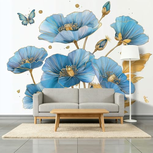 Carta da parati 3D con farfalle e papaveri blu, 200 x 140 cm, stile acquerello, carta da parati in tessuto non tessuto, per soggiorno, camera da letto, camera dei bambini, decorazione per ufficio