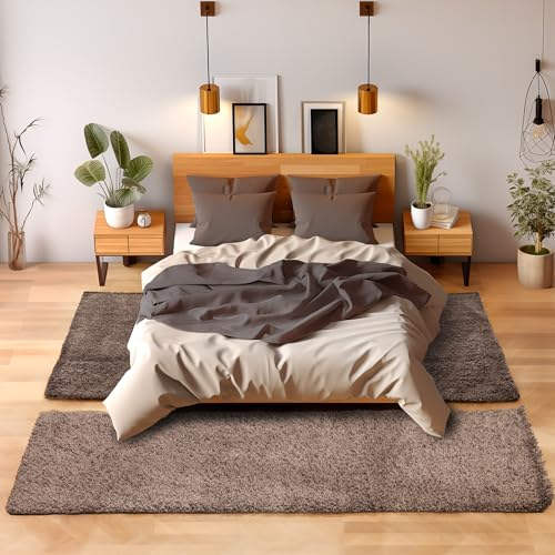Unbekannt Shaggy Hochflor Teppich Carpet 3TLG Bettumrandung Läufer Set Schlafzimmer Flur, Farbe:Taupe, Bettset:2x80x150+1x100x200