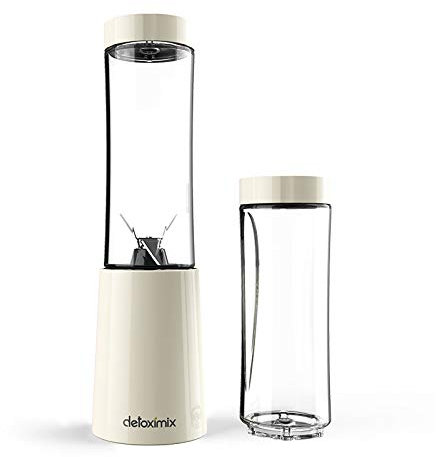 DETOXIMIX - Mini Blender Compact 150W 280ml - Smoothie Milk-shake Jus Fruits ou Légumes - 2 Bouteilles Gourdes avec Couvercle de Voyage + Livret de Recettes Inclus - Plastique sans BPA 4 Lames - Blanc