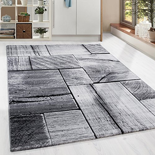 HomebyHome Teppich Wohnzimmer 160x230 cm Rechteckig Schwarz und Grau Kurzflor Holz Design - Teppich Schlafzimmer, Esszimmer, Küche Flauschiger Extra Weich Tepich Waschbär Einfache Reinigung - Carpet