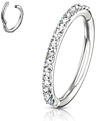 NewkeepsR 16G×10mm Diamante Steel Hypoallergenic Conch Piercing Jewellery Earring Hoop, Cartilage Clicker Segment Ring Rounded Clear Orbital Crystal Zirconia