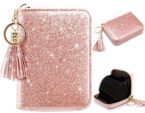 Coco Rossi Women Small Credit Card Wallet RFID Glitter Bling Cute Accordion Card Holder with Zipper Pink