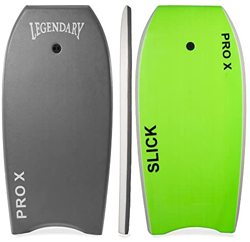 Legendary Pro X Bodyboard for Beach with Hard Slick Bottom, Boogie Boards for Kids & Adults, Heat Sealed with EPS Core, Leash (Dark Gray/ Green, 45'')