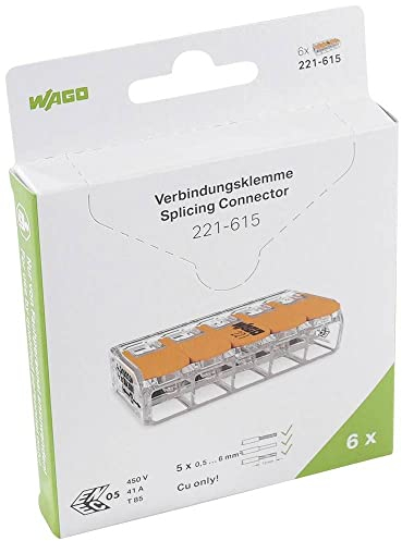 Wago Terminali di collegamento 221-615 | 5 poli, fino a 6 mm², connettori per cavi COMPACT con leva per tutti i tipi di conduttori in tutto il mondo, sicurezza delle applicazioni confermata, 6 pezzi