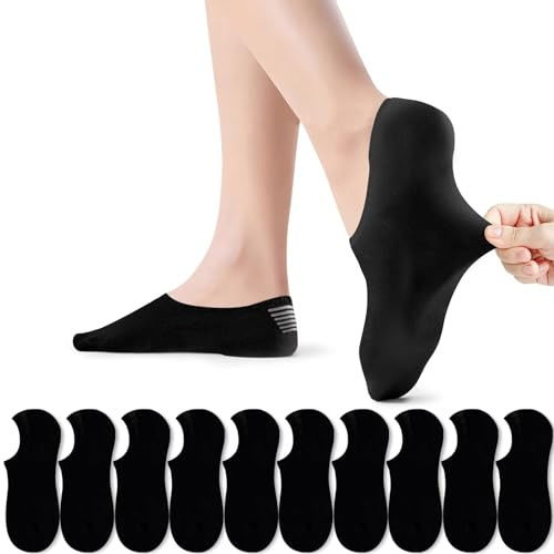 PAUNEW Sneaker strumpor kvinnor män sportstrumpor för kvinnor strumpor 10 par strumpor fot osynliga No Show strumpor stor silikondyna sport förhindrar glidning, 10 x svart, 35-38 EU