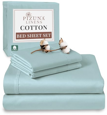 Pizuna 100% Cotton King Size Sheet Set Baby Blue, 400 Thead Count Long Staple Cotton Bedding Set 275x280 cm, Soft Sateen 4 PC King Bed Sheet Set -Fitted Sheet, Flat Sheet & 2 Pillowcases