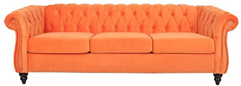 RARZOE Chesterfield Classic Sofa, Mordern 3 Seater Velvet Sofa Couch, Tufted Back Chesterfield Settee Sofas with Nailhead Trim Scroll Arms for Living Room Apartment(Orange)