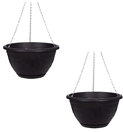 PHG Delicate Flower and Herb Plastic Hanging Basket | Large Garden Basket | Classic Plant Saucer | Wicker Hanging Basket | Easy Fill Hanging | Outdoor Planter | 32 cm (Pack of 2, Black)