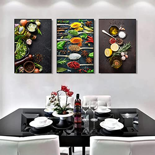 Trayosin Küche Poster 3er Set - Gewürz Leinwand Bilder Wanddeko für Wohnzimmer, Küche & Esszimmer | Moderne Wandbilder Kunstdruck, Ohne Bilderrahmen (30x40cm)