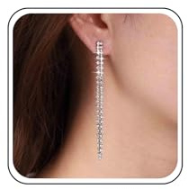 Inilbran Boho Rhinestone Tassel Earrings Silver Long Crystal Chain Earrings Long Cz Crystal Drop Earrings Vintage Cz Tassels Chain Earrings Wedding Chandeliers Dangle Earrings Jewelry for Women