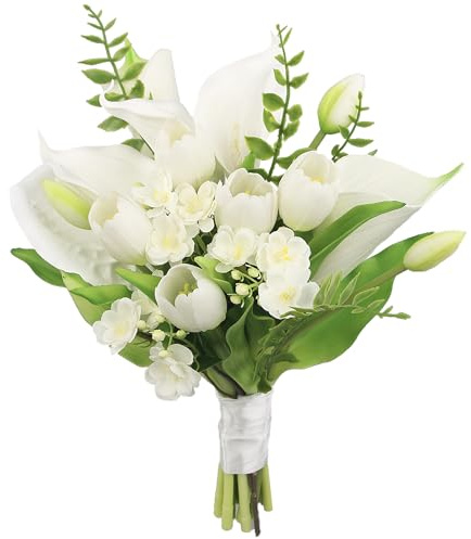Rinlong 11.8 Inch Silk Posy Wedding Bouquets for Bride Artificial Tulip Small Toss Bridal Bouquet Courthouse Wedding Bridesmaid Prom Bouquet