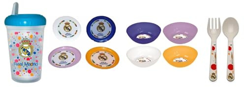 Set de 4 Platos, 4 Cuencos Vaso con Tapa Bebedor y Cubiertos infantiles del Real Madrid Libres de BPA