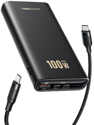 VEEKTOMX Batterie Externe Charge Rapide 100W, 20000mAh Portable Chargeur Haute Capacité PD 3.0 QC 4.0 avec Câble USB C 100W Power Bank PC Compatible avec Ordinateur/MacBook/iPhone/iPad/Samsung/DJI