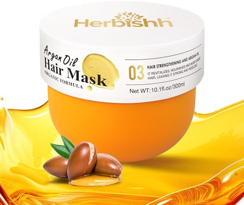 Herbishh Argan oil Hair Mask, Deep Conditioning Moisturizer for Dry & Damaged Hair, Hydrating Repair Treatment, With Coconut & Avocado oil for Curly, Frizzy and Color Treated Hair 10.1 fl.oz