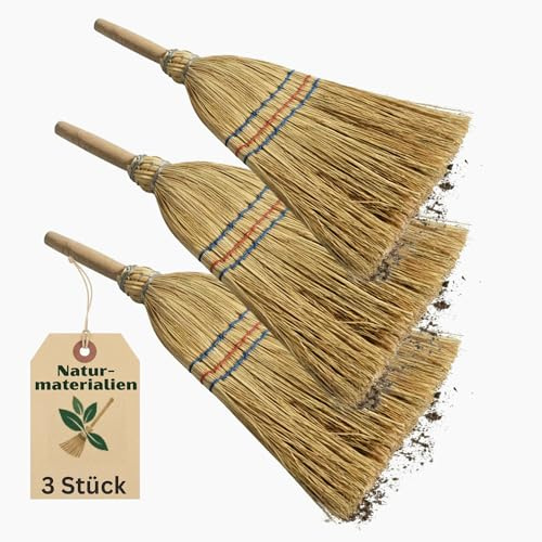 Novatool 3X Kleiner Besen Reisigbesen mit Stiel kurz 40cm Strohbesen Kinder Hexenbesen klein Garden Broom Mini Besen klein IDEAL als Kinderbesen & Campingbesen