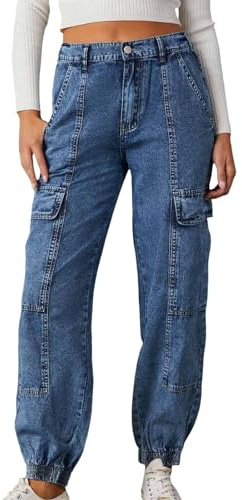 Barrel Pantalon en jean pour femme - Taille haute - Jambes larges - Ballon ample - Pantalon baggy - Pantalon sarouel en denim - Pantalon cargo avec plusieurs poches - Pantalon 7/8, Bleu A1., XL