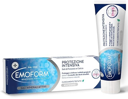 Emoform Dentifricio Protezione Intensiva 75ml con Sali di Potassio e Calcio - Protegge i Colletti Gengivali Deboli e lo Smalto dei Denti Sensibili - Sbiancamento Denti, dona un Bianco Naturale