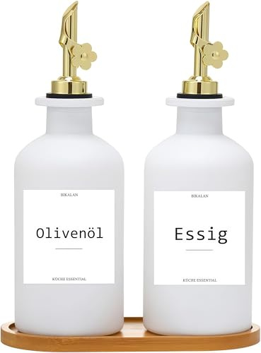 BIKALAN Lot de 2 bouteilles d'huile de vinaigre et d'huile, 350 ml, distributeur d'huile d'olive, ouverture et fermeture automatiques, avec 22 autocollants, entonnoir (doré, 350 ml)